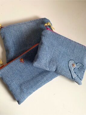 Denim Zip  Coin Pouches Colorful Zippers Set of 3 New Handmade, Pre-Teen gift